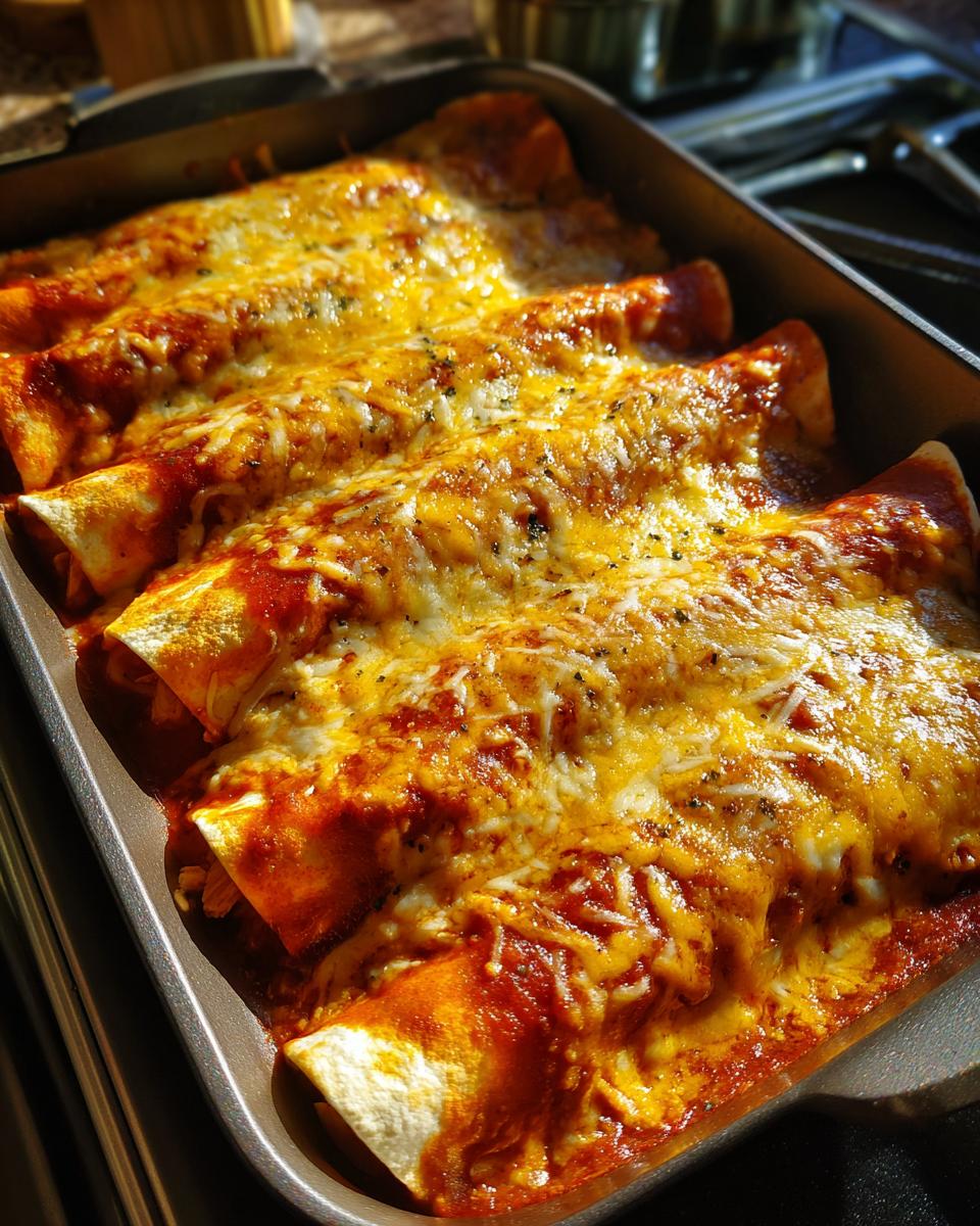 Close-up of baked chicken enchiladas covered with melted cheese in a baking dish.