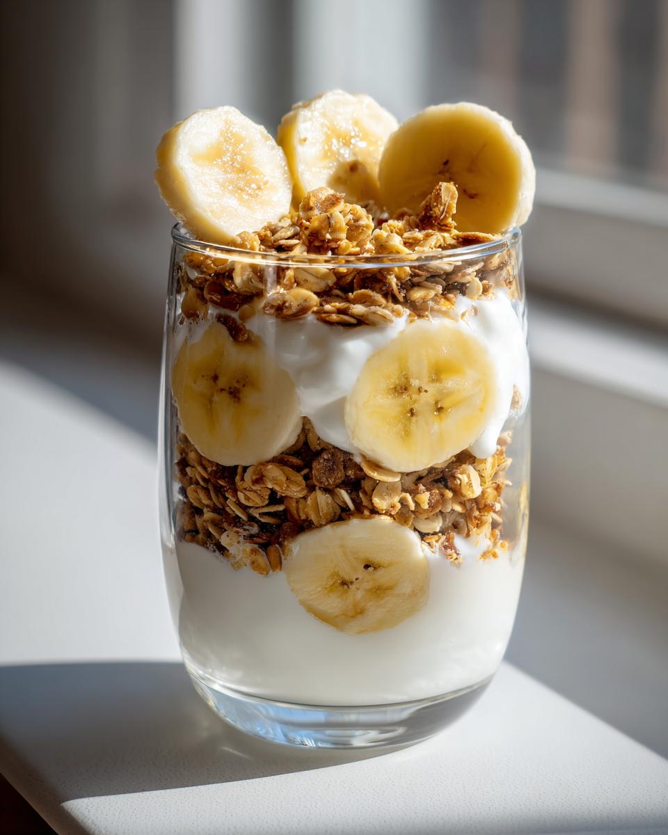 Glass filled with layers of yogurt, granola, and banana slices, a simple fruit dessert.
