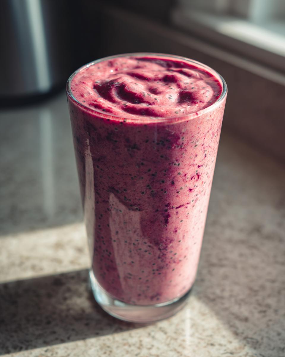 Close-up of a thick berry smoothie in a clear glass on a kitchen counter, perfect for easy smoothie breakfast recipes.