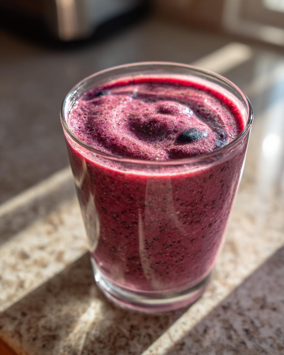 Close-up of a purple berry smoothie in a clear glass on a kitchen counter, perfect for easy smoothie breakfast recipes.