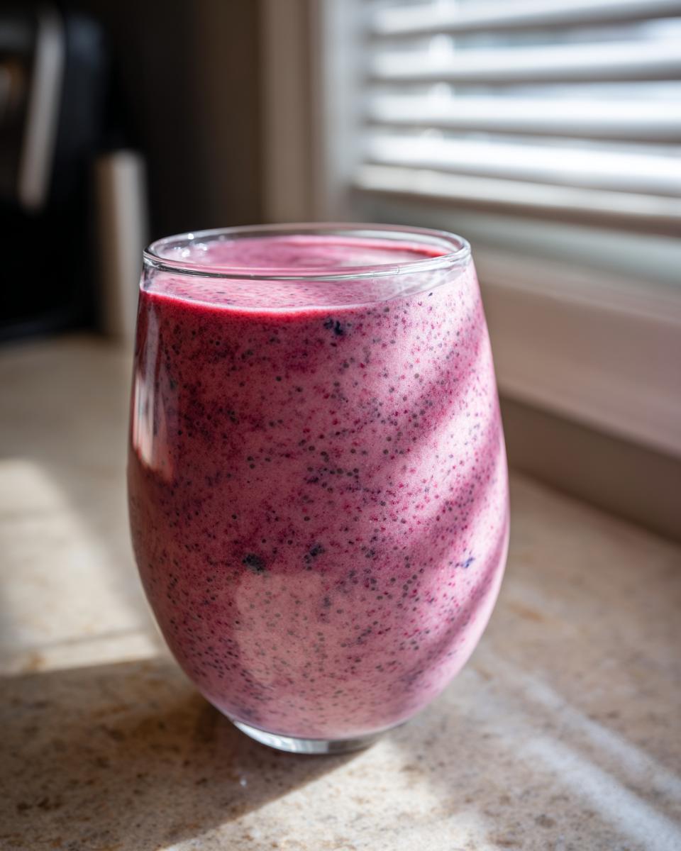 Close-up of a pink berry smoothie in a clear glass on a kitchen counter