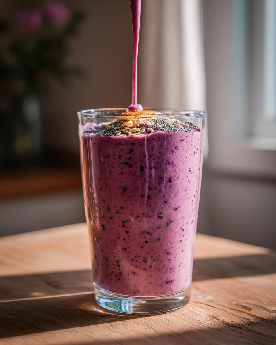 Glass of purple berry smoothie topped with seeds and honey drizzle for quick healthy breakfasts