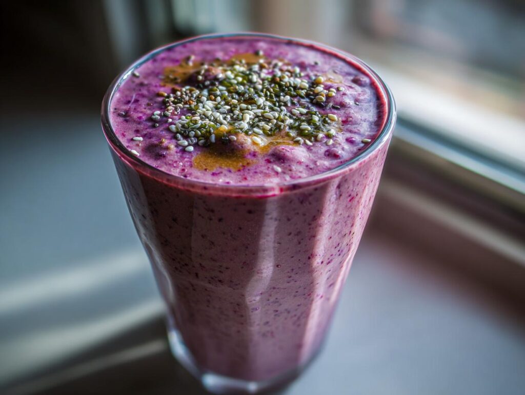 Glass of purple berry smoothie topped with mixed seeds for quick healthy breakfasts.