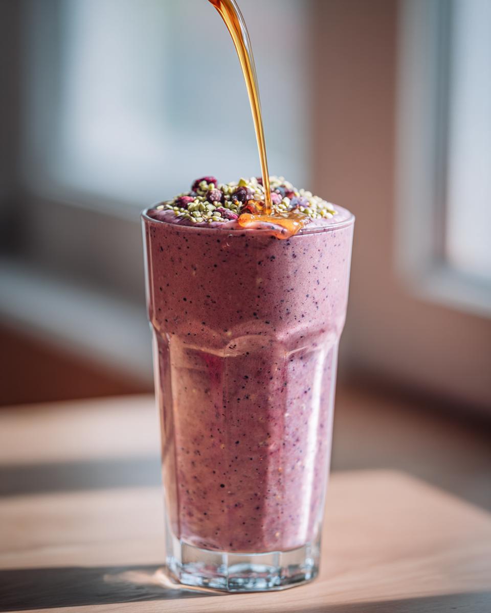 Tall glass of berry smoothie topped with seeds and berries, honey being poured on top