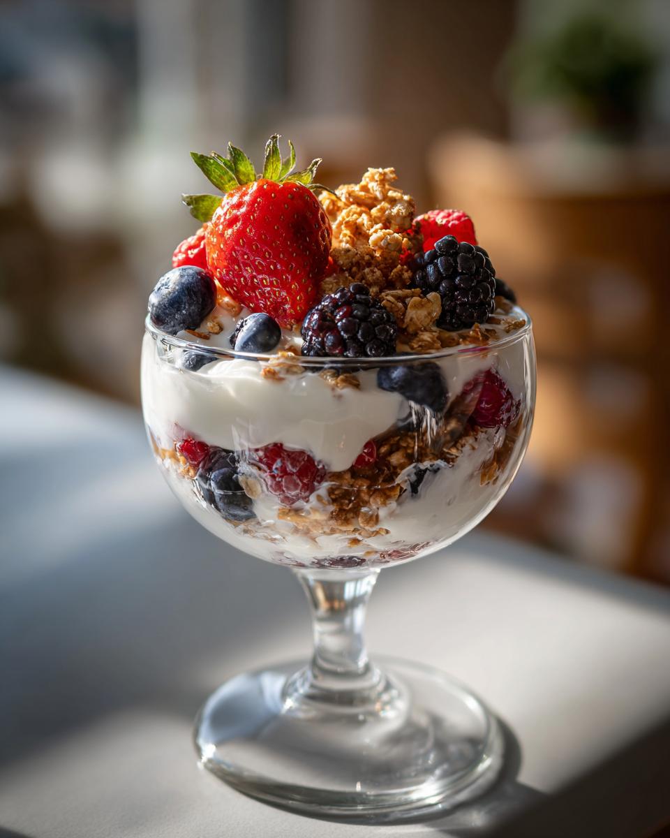Glass of yogurt parfait with strawberries, blueberries, blackberries, and granola, an easy kid snacks option.