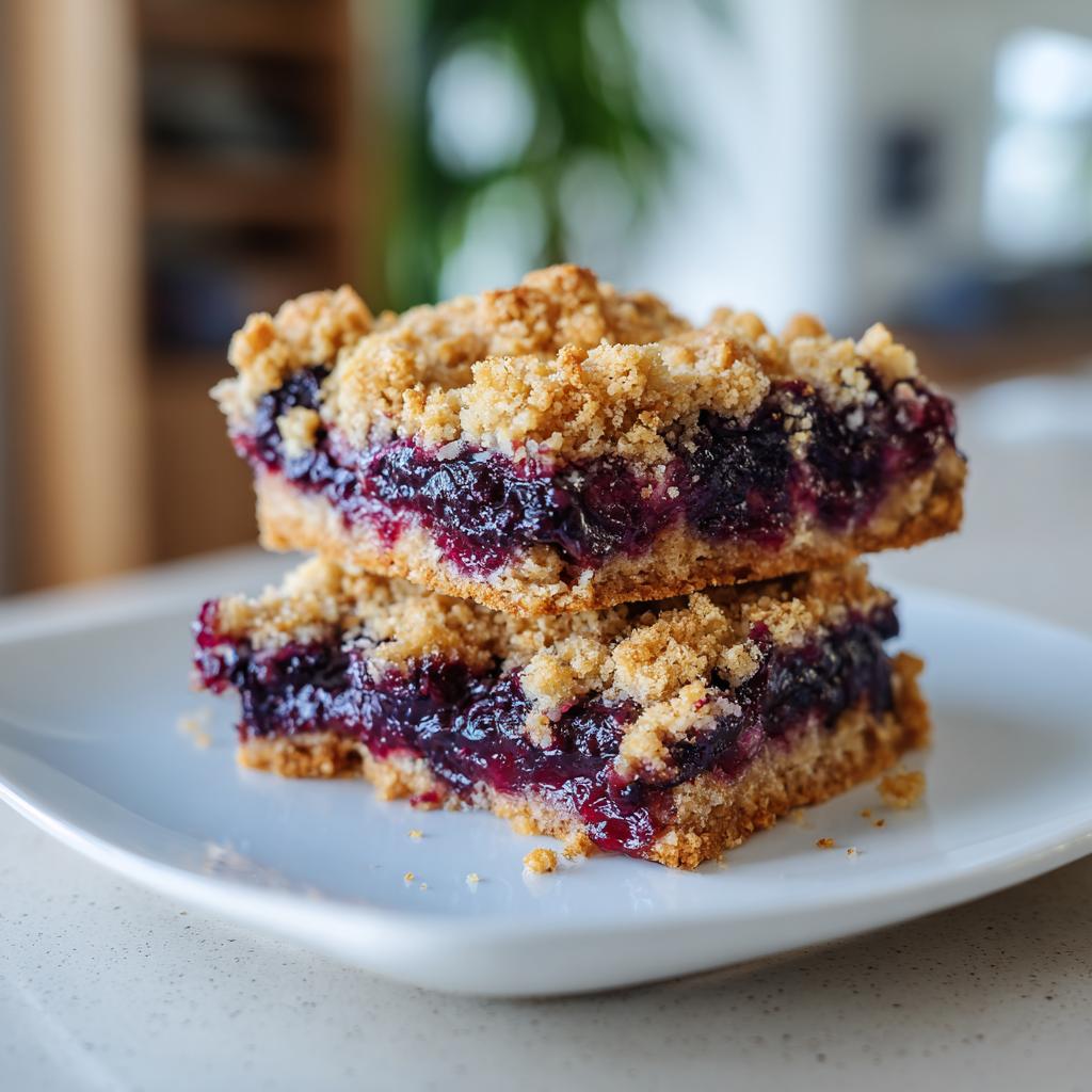 Two stacked blueberry crumble snack bars with crumbly topping on a white plate.