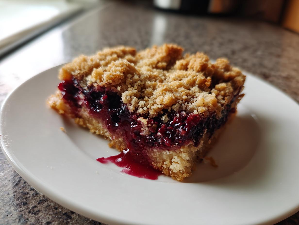 A close-up of a blueberry crumble snack bars piece on a white plate with juicy blueberry filling.