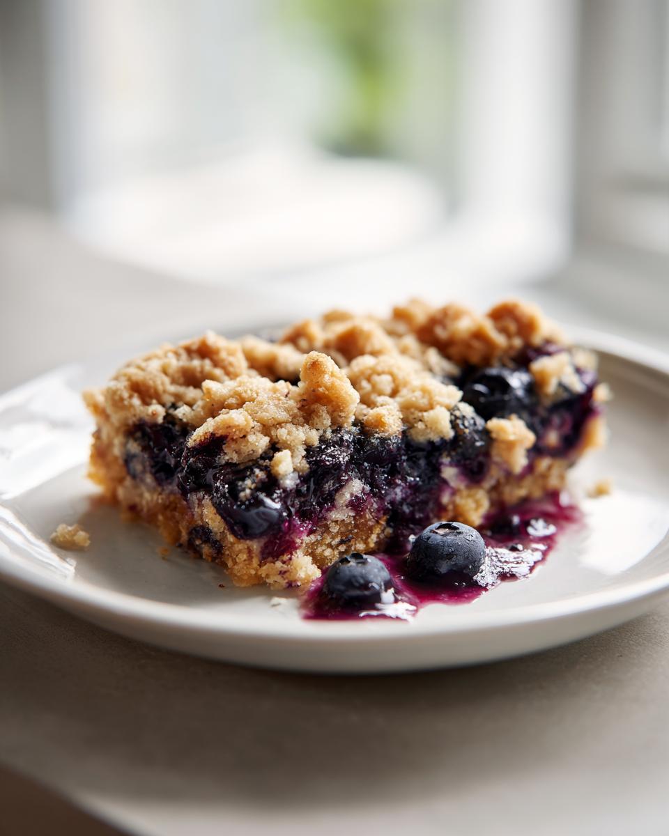 A slice of blueberry crumble snack bars on a white plate with fresh blueberries and crumb topping