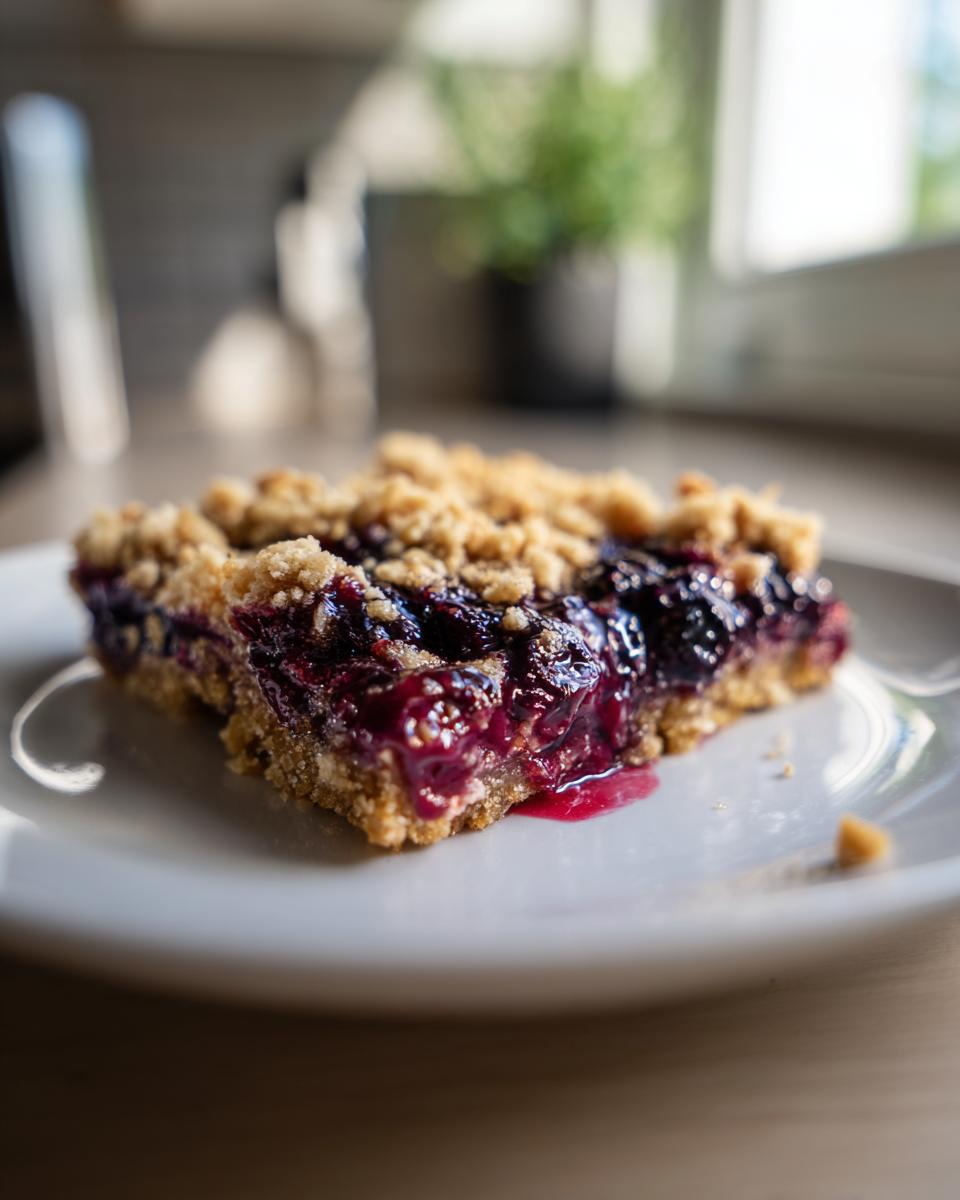 A slice of blueberry crumble snack bars on a white plate with crumbly topping and juicy filling.