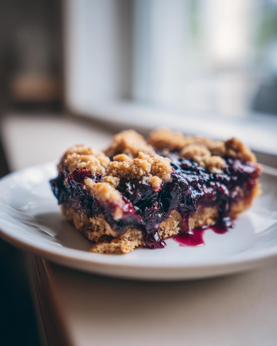 A close-up of a blueberry crumble snack bars slice on a white plate with blueberry filling oozing out.