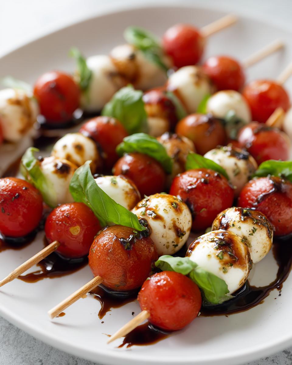 Caprese skewers with cherry tomatoes, mozzarella balls, basil, and balsamic glaze on white plate