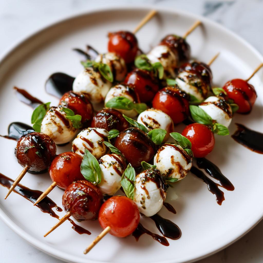 Caprese skewers with cherry tomatoes, mozzarella balls, basil, and balsamic glaze on a white plate