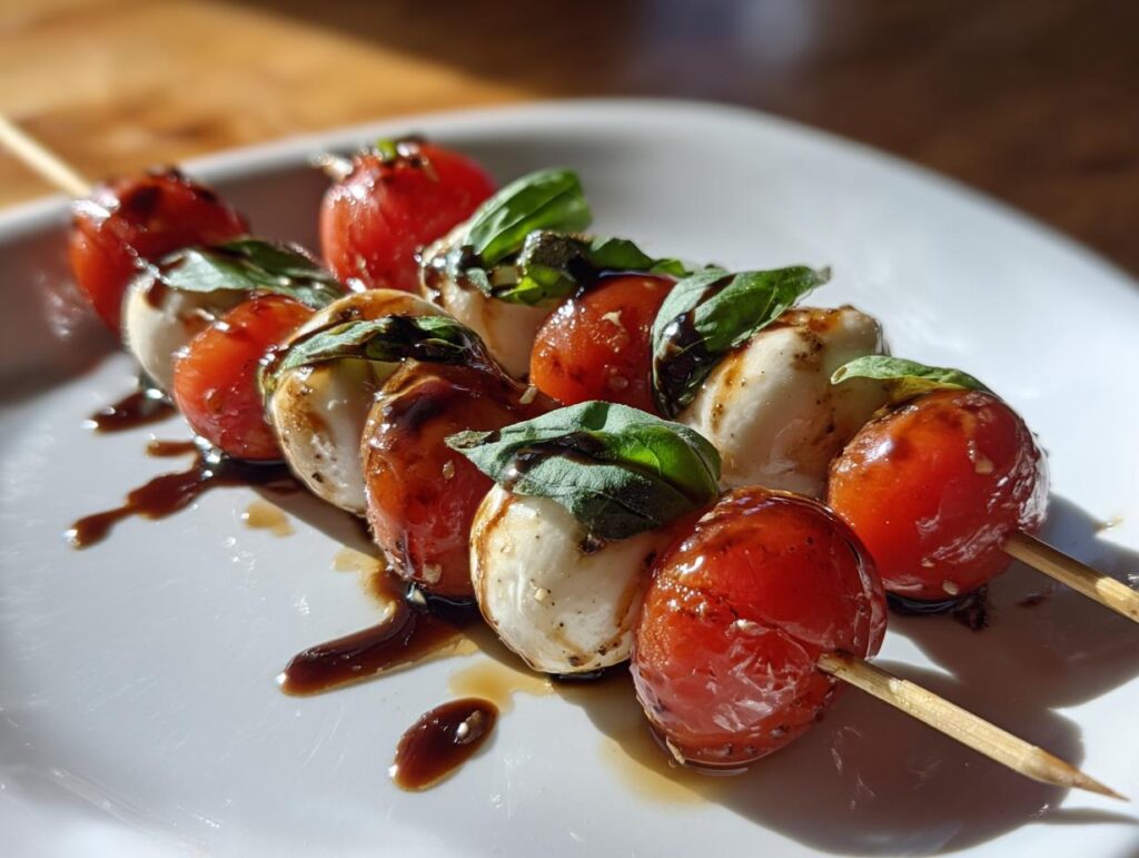 Caprese skewers with cherry tomatoes, mozzarella, basil, and balsamic glaze on white plate