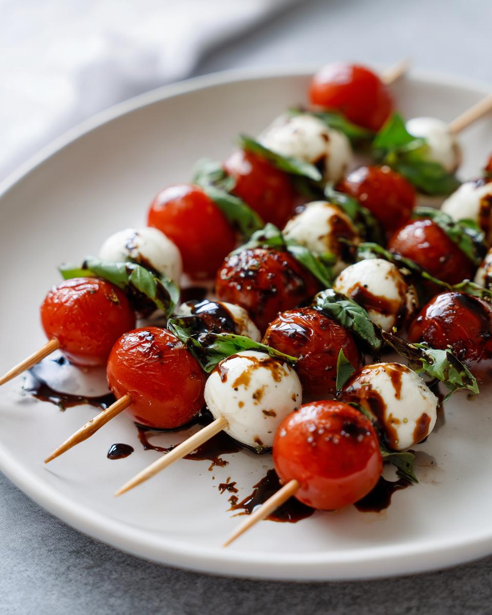Caprese skewers with cherry tomatoes, mozzarella balls, basil, and balsamic glaze on a plate