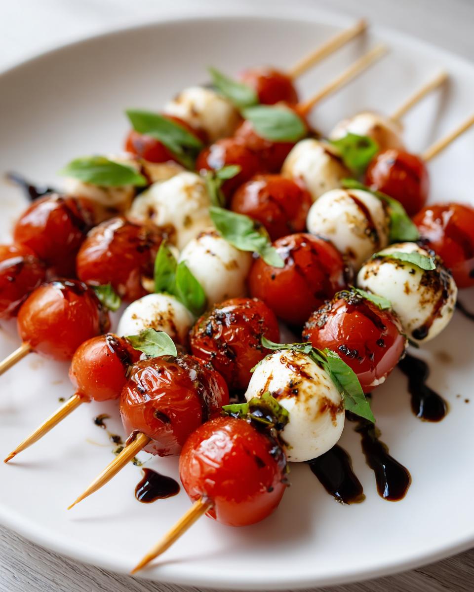 Caprese skewers with cherry tomatoes, mozzarella balls, basil, and balsamic glaze
