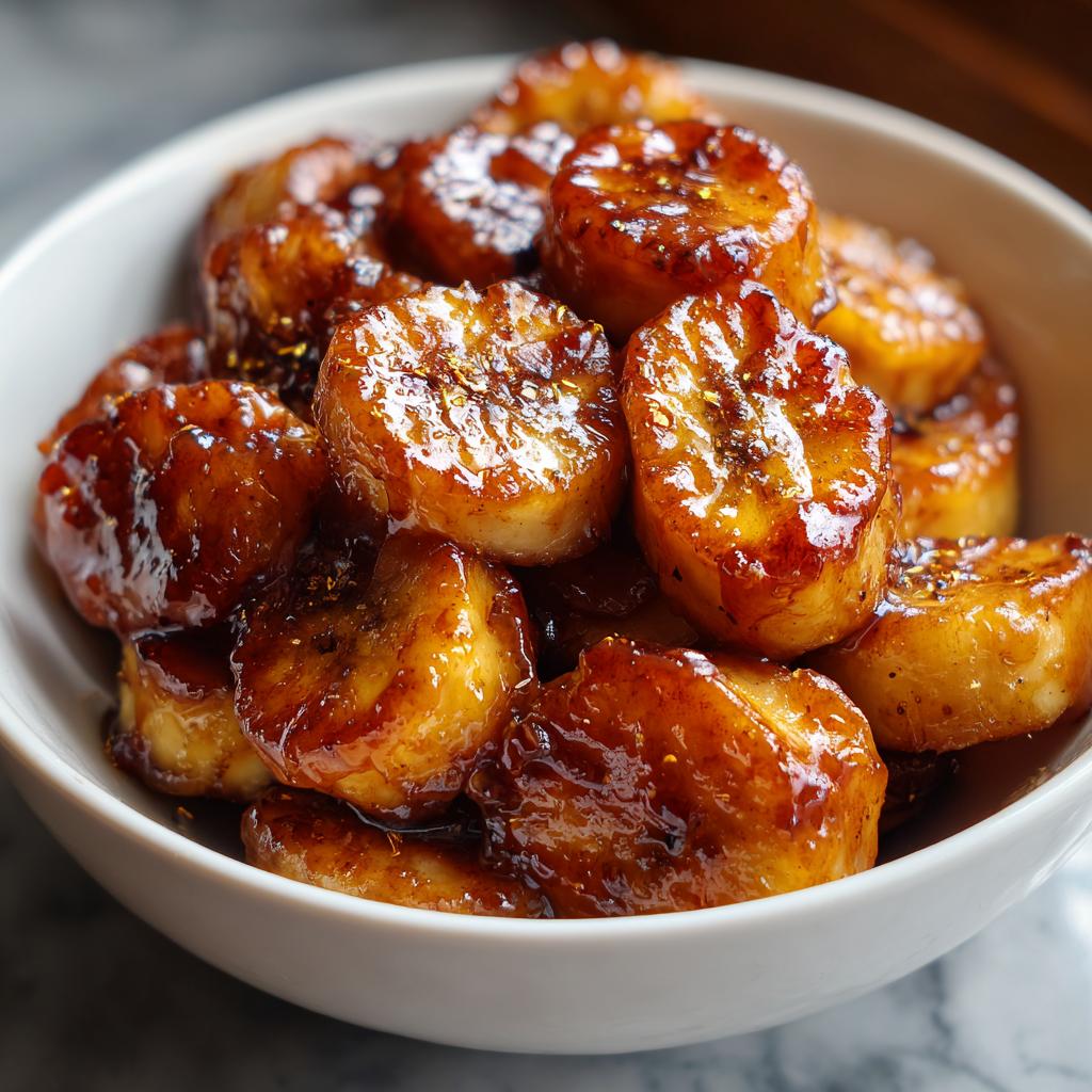 Close-up of caramelized banana dessert bites glazed and served in a white bowl.