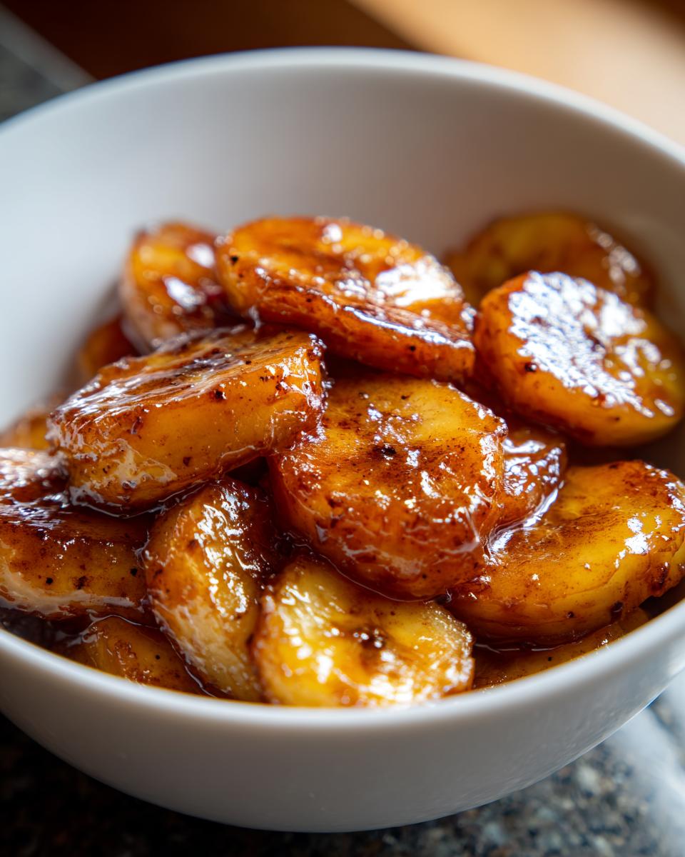 Close-up of caramelized banana dessert bites glazed and served in a white bowl.