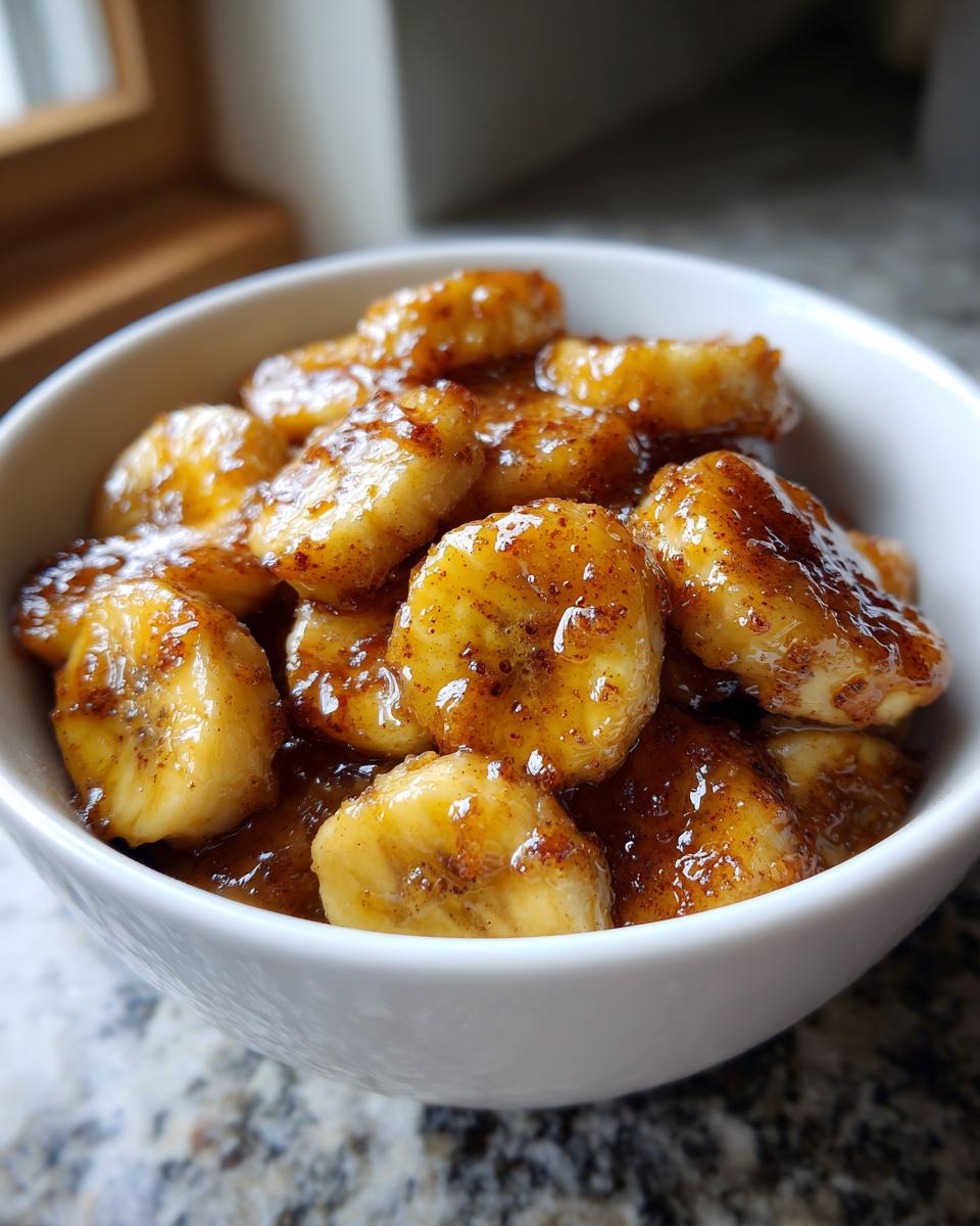Close-up of caramelized banana dessert bites coated in syrup in a white bowl.