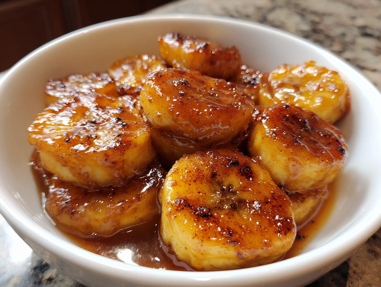 Caramelized banana dessert bites glazed with caramel sauce in a white bowl.