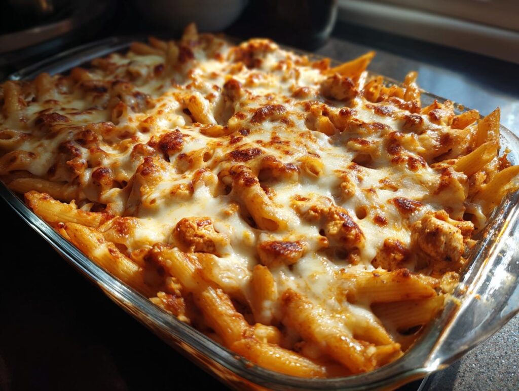Close-up of a cheesy baked pasta dish with melted golden cheese and penne pasta in a glass baking dish.
