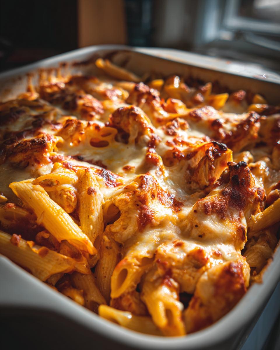 Close-up of cheesy baked pasta with penne and melted golden cheese in a casserole dish.