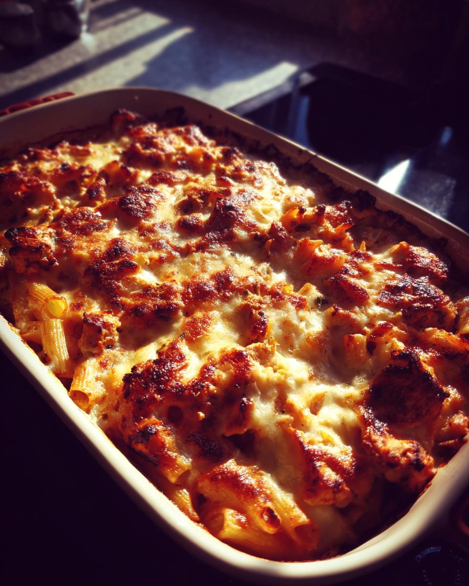 Golden brown cheesy baked pasta in a casserole dish, perfect for make ahead family dinners.