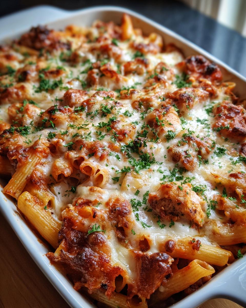 Close-up of cheesy baked pasta with meat sauce and parsley, perfect for make ahead family dinners.