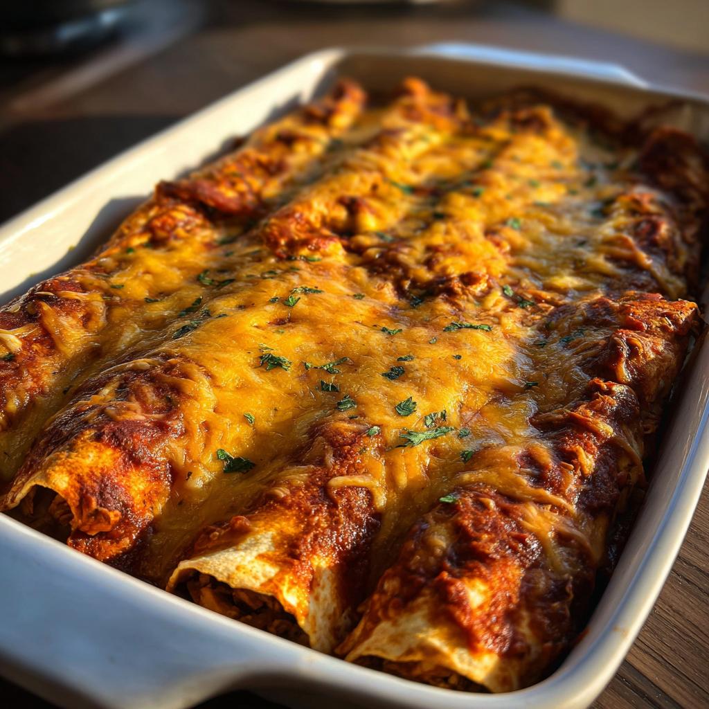 Baked chicken enchiladas covered with melted cheese in a white casserole dish