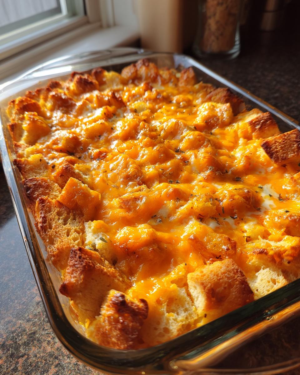 Close-up of a cheesy Easter brunch casserole with golden toasted bread cubes in a glass dish.