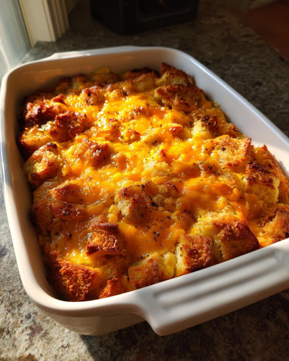 Golden baked Easter brunch casserole topped with melted cheddar cheese in a white dish.