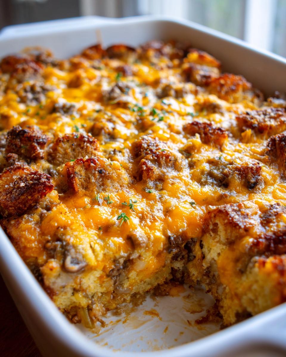 Close-up of a cheesy quick family casserole with browned top and herbs in a white baking dish.