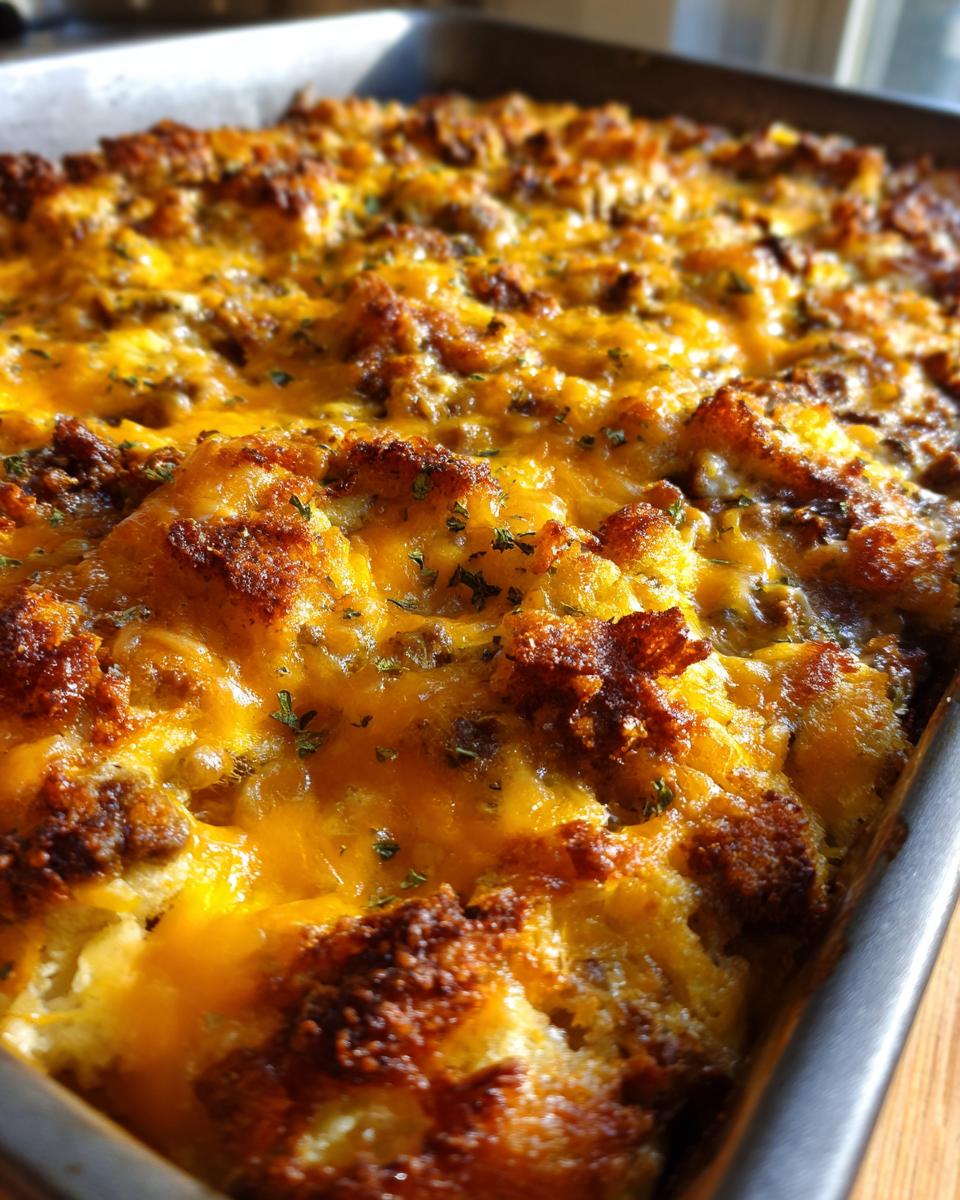 Close-up of a golden cheesy quick family casseroles baked in a metal dish with herbs.