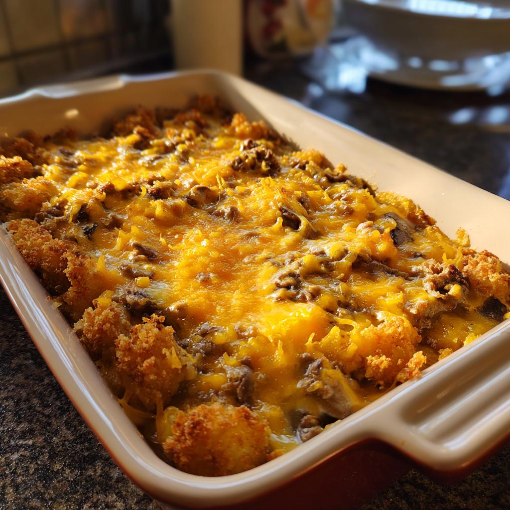 Baked cheesy tater tot casserole with ground beef in a ceramic dish, a perfect quick family casseroles meal.