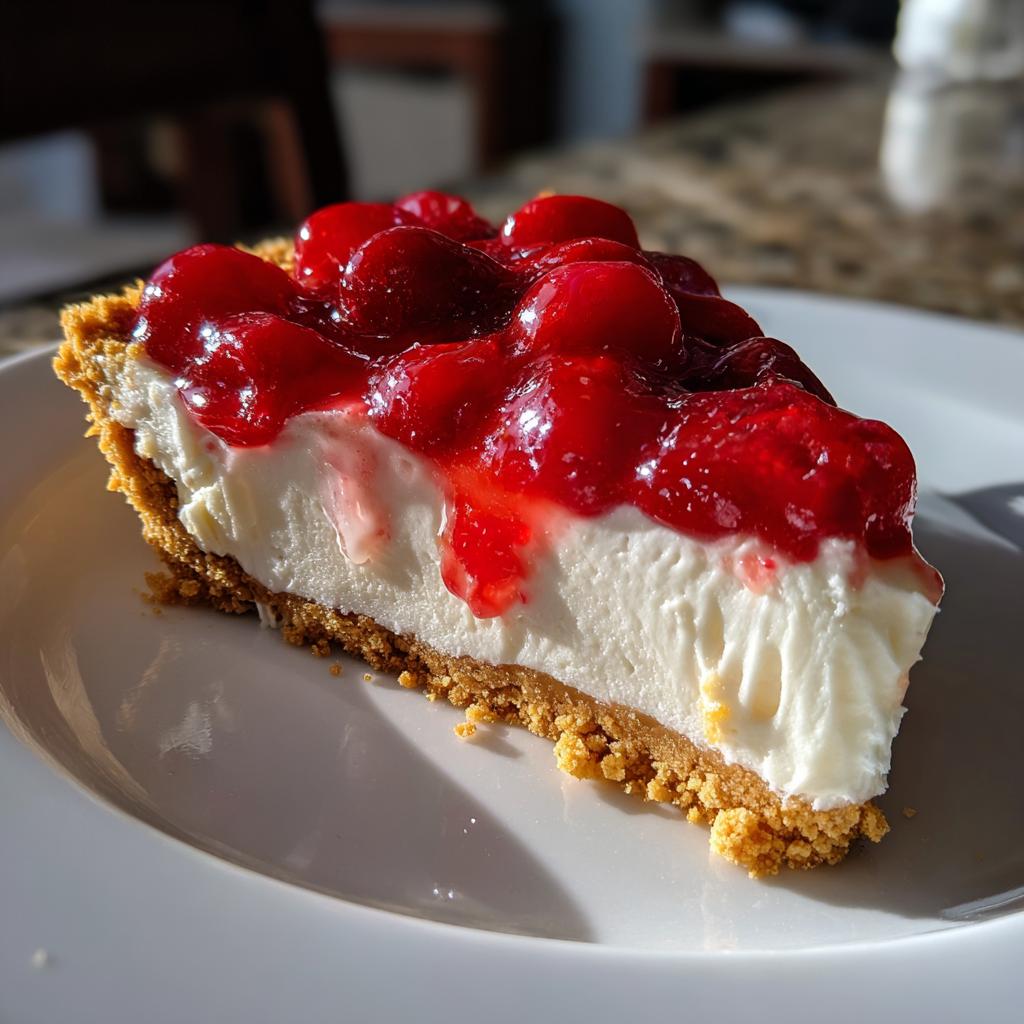 Close-up of a cherry cheesecake slice with graham cracker crust on a white plate, an easy layered dessert recipe