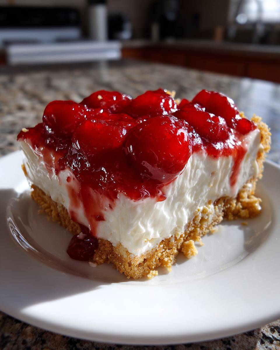 Close-up of a cherry cheesecake slice with creamy filling and crumb crust on white plate