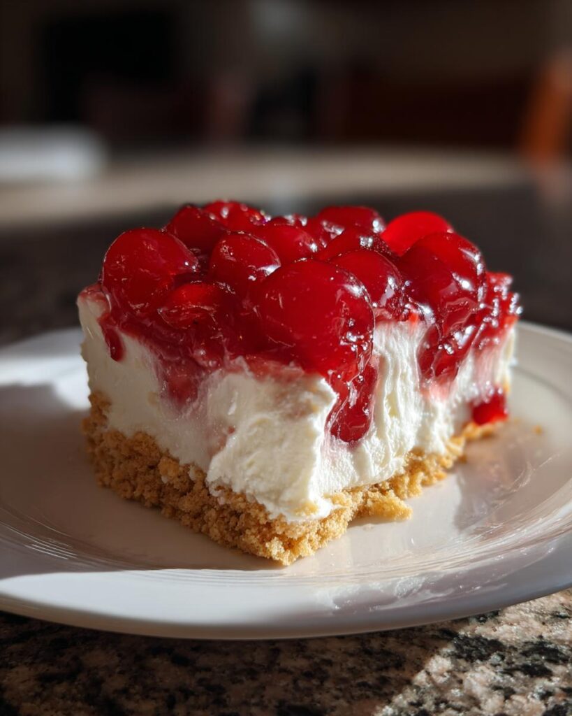 Slice of cherry layered dessert with creamy filling and graham cracker crust on a white plate.