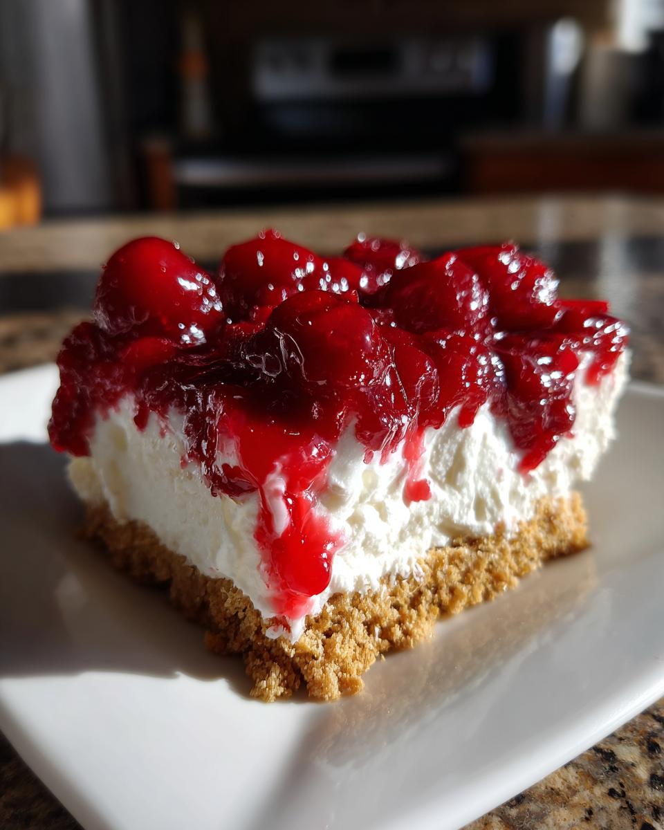 Slice of cherry layered dessert with creamy white filling and graham cracker crust on a white plate.