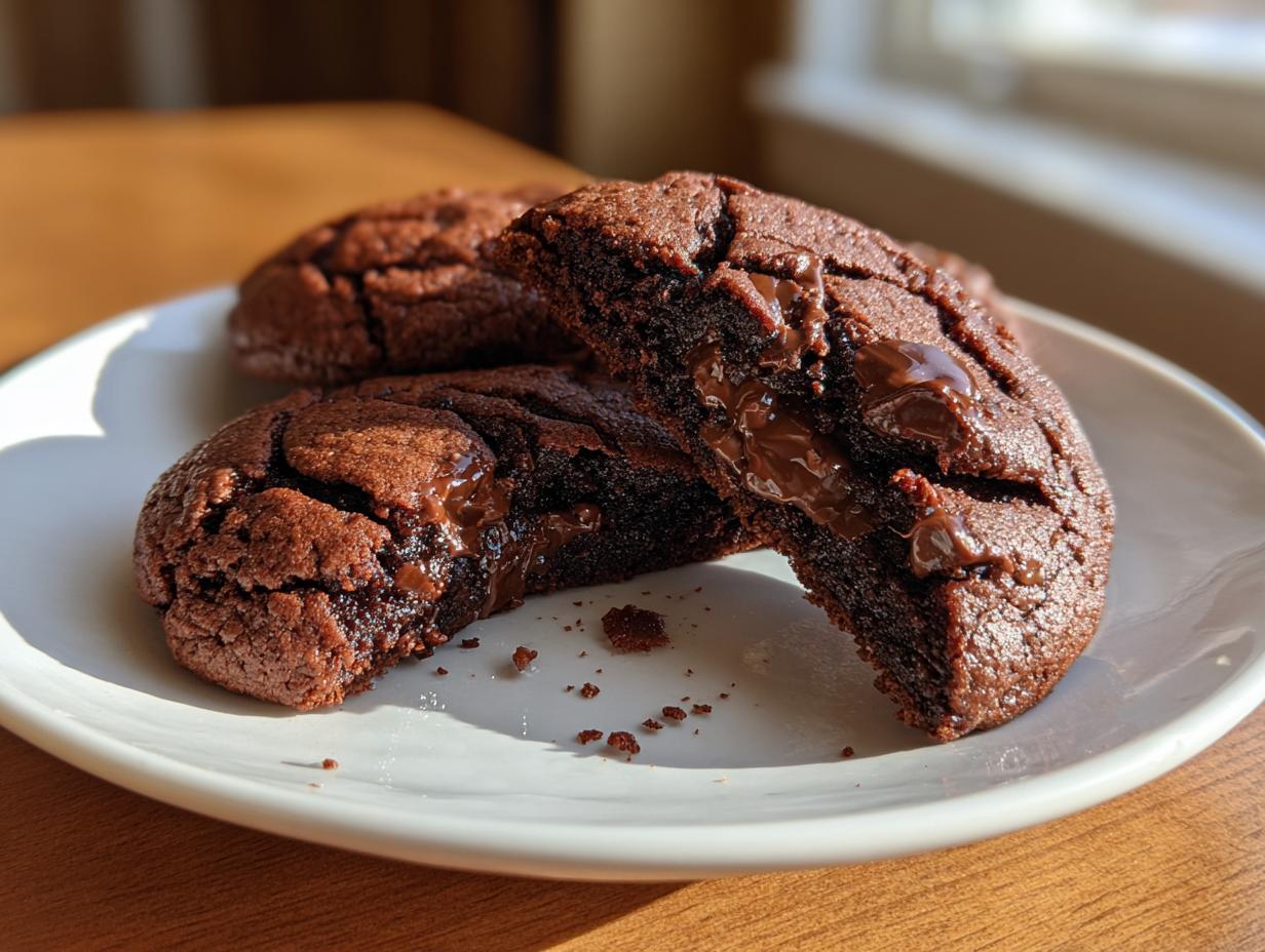 Close-up of chewy chocolate cookie with melted chocolate on a white plate