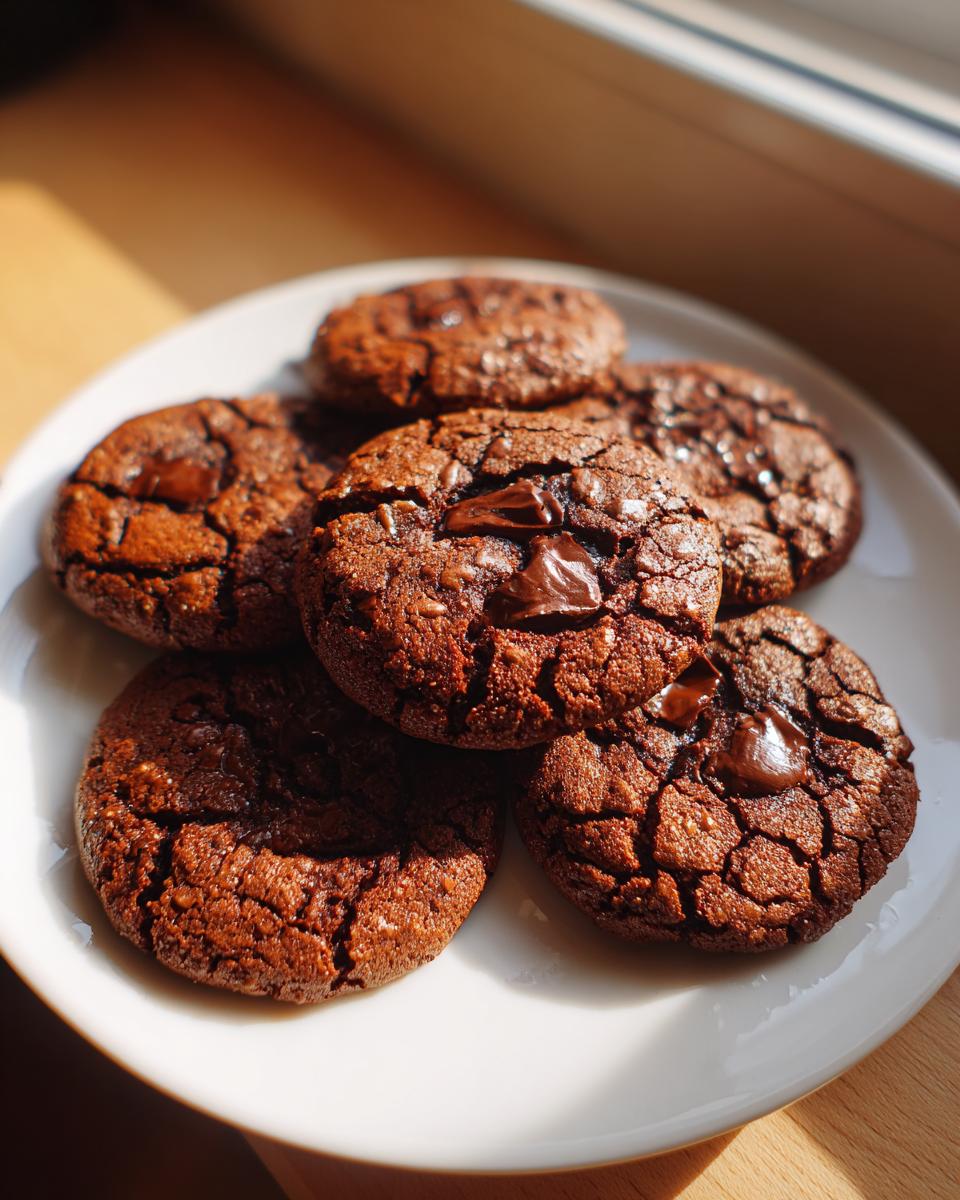 Plate of chewy chocolate cookies with melted chocolate chunks on top