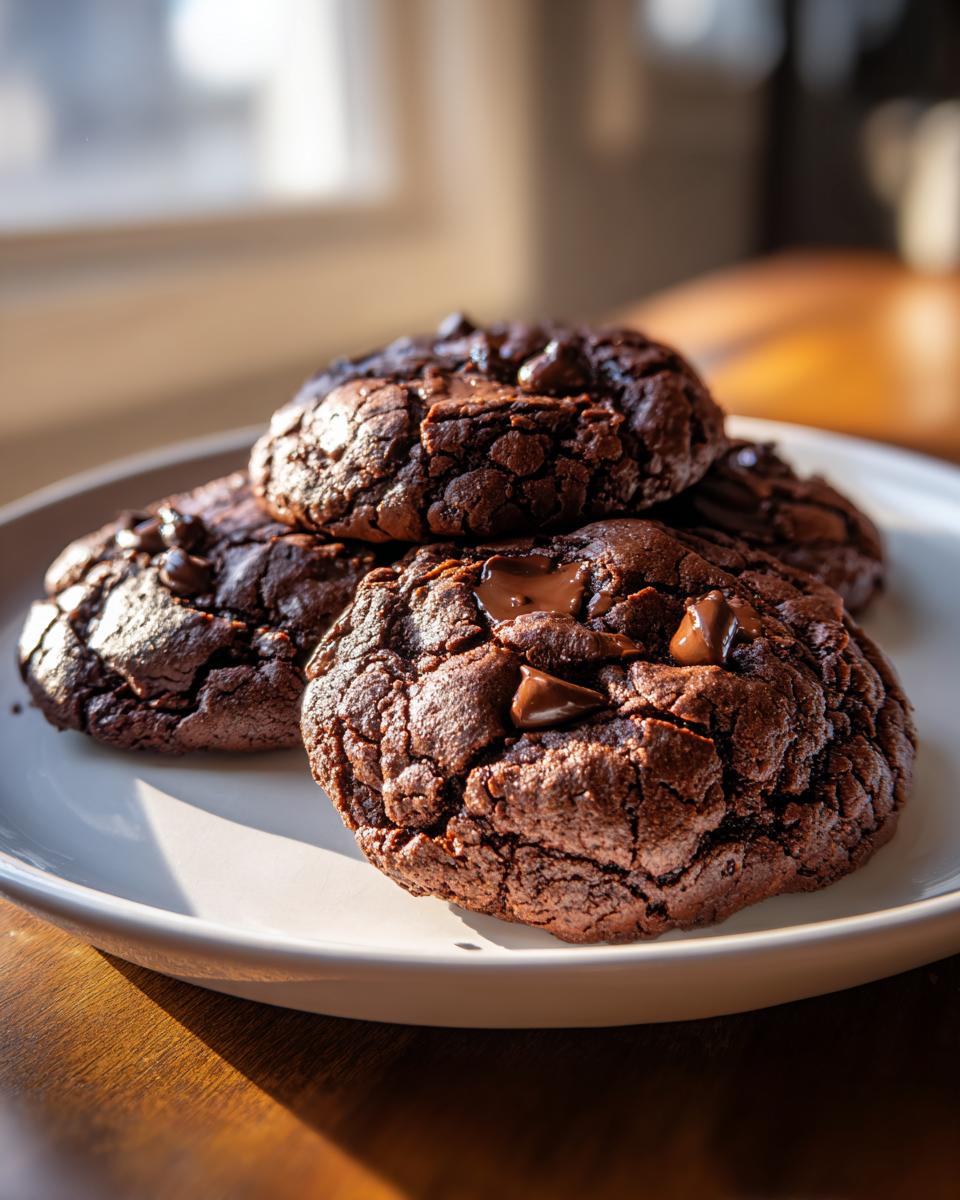 Close-up of chewy chocolate cookie recipes with melted chocolate chips on a white plate