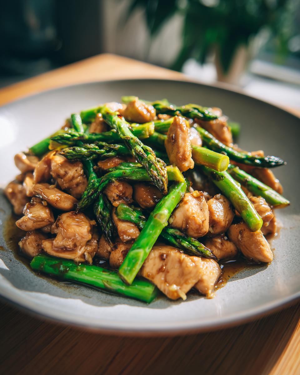 Plate of chicken and asparagus stir fry with savory sauce, a seasonal spring comfort meals dish.