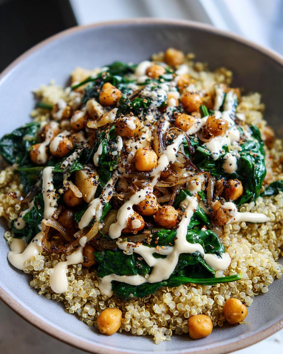 Bowl of quinoa topped with sautéed spinach, chickpeas, caramelized onions, and drizzled sauce