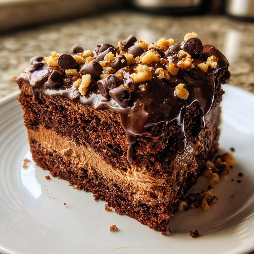 Slice of chocolate cake with creamy filling, chocolate chips, and chopped nuts on top.