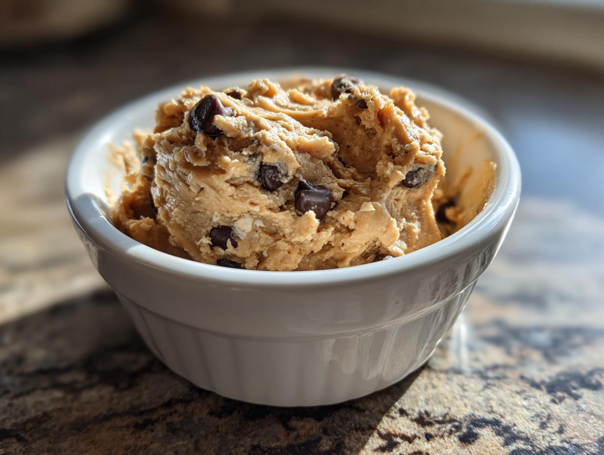 Close-up of chocolate chip cookie dough in a white ramekin for quick sweet snack recipes