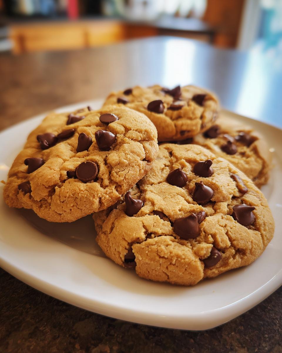 Close-up of freshly baked chocolate chip cookies on a white plate, highlighting texture and chips.