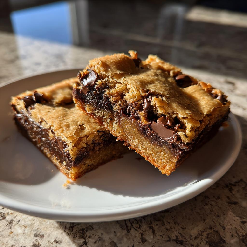 Two chocolate chip dessert bars stacked on a white plate with gooey chocolate chips inside.