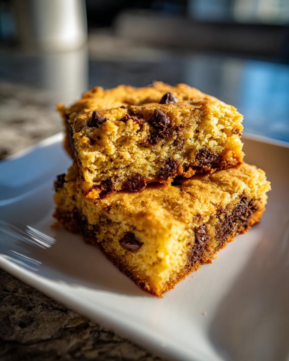 Two stacked chocolate chip dessert bars on a white plate with visible chocolate chips