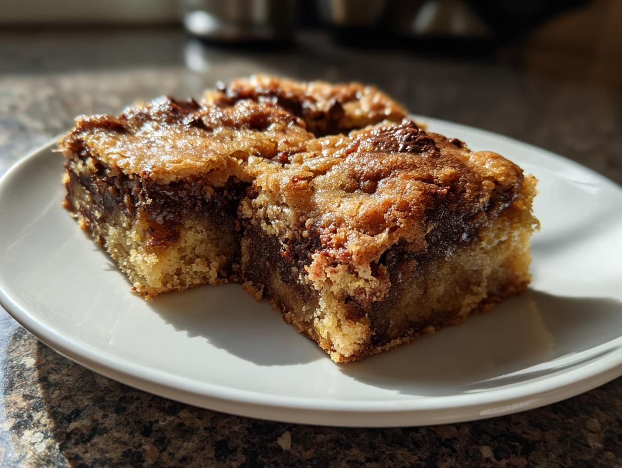 Two chocolate chip dessert bars with a golden crust on a white plate.