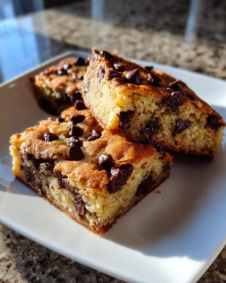 Three chocolate chip dessert bars stacked on a white plate with visible chocolate chips.