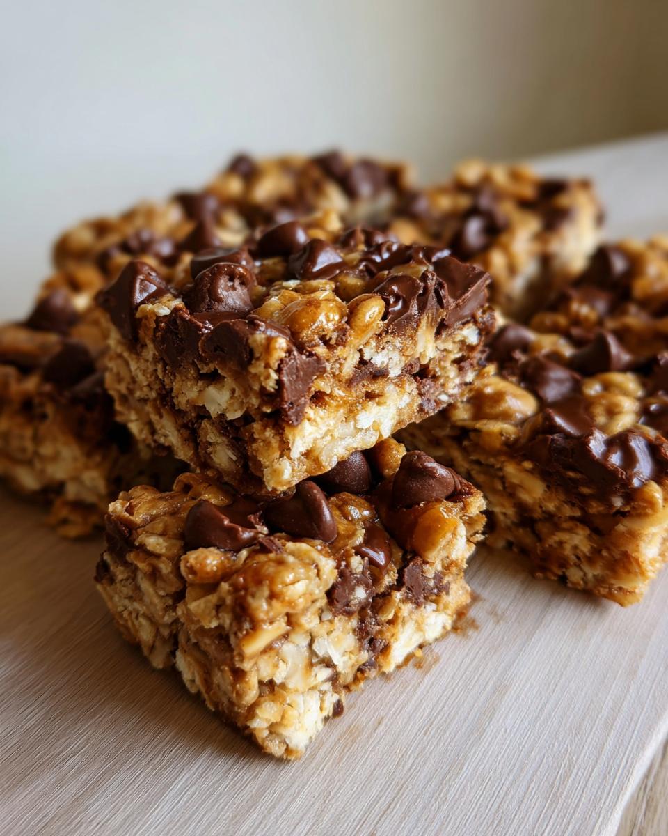 Close-up of chocolate chip granola bars stacked on a wooden surface, perfect quick snack dessert recipes.